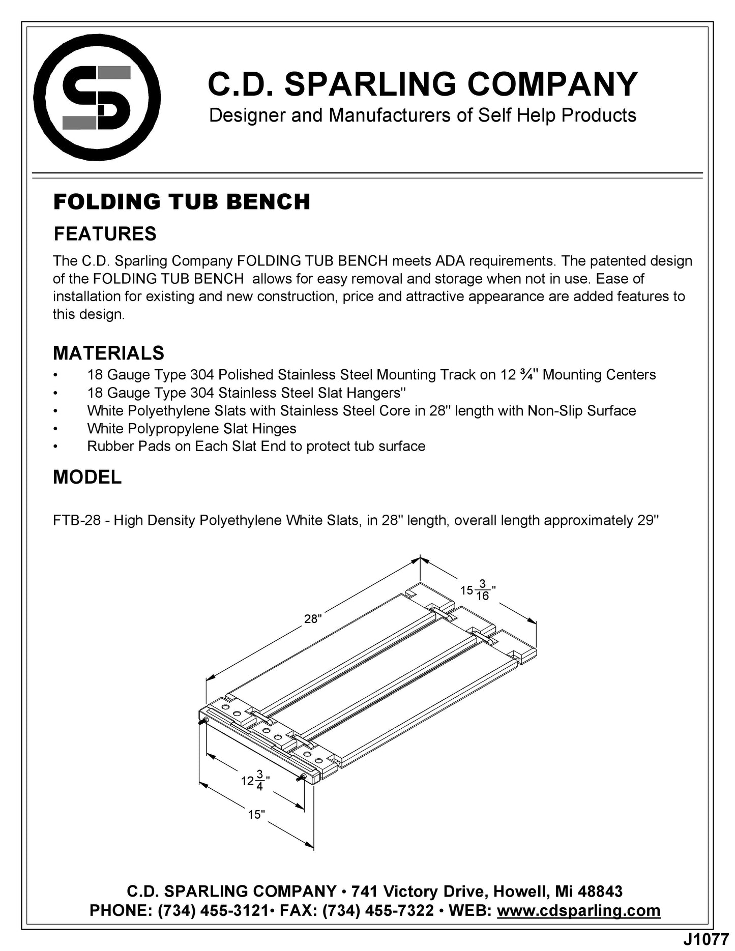 FTB-28 Sparling Folding Tub Bench